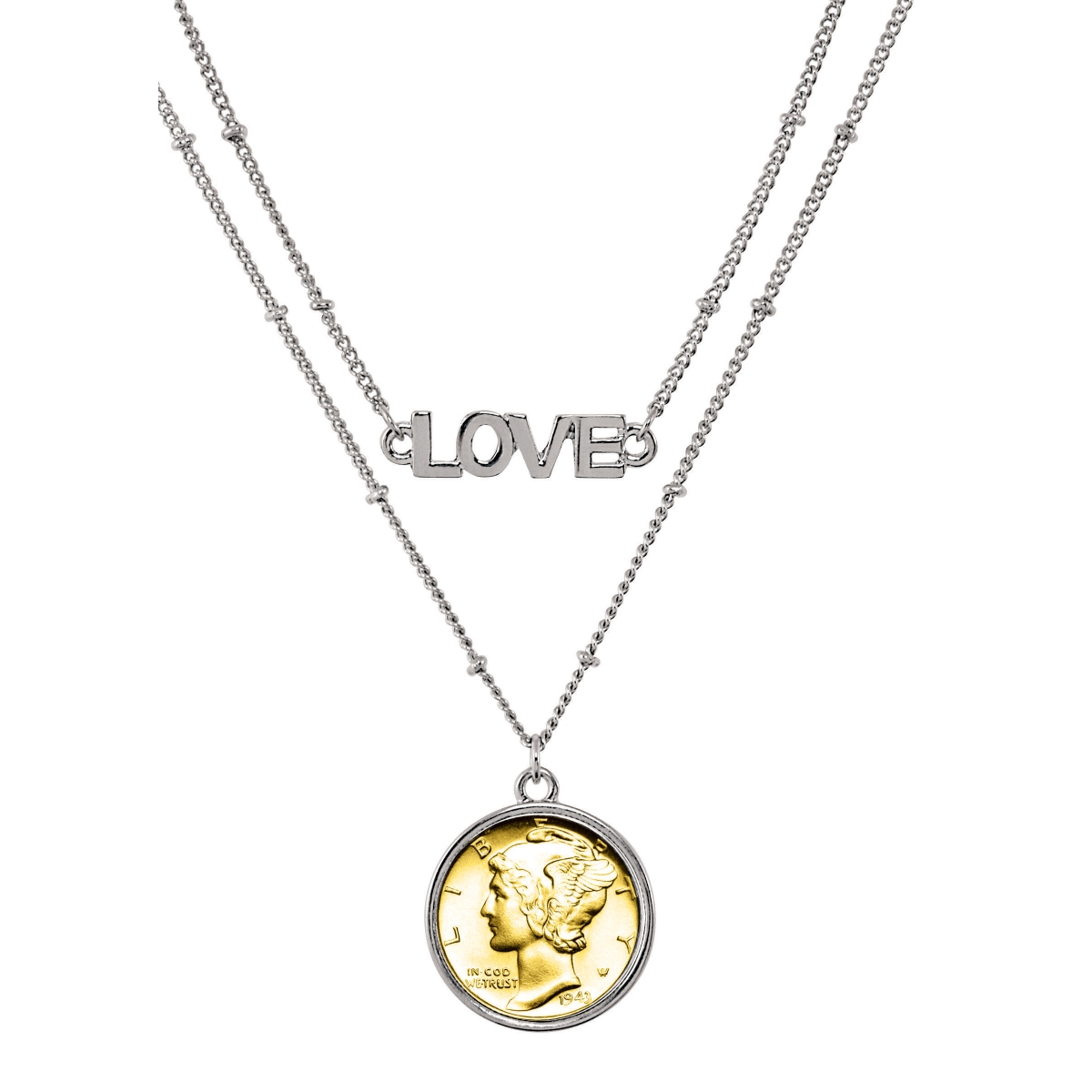 14868 Gold Layered Silver Mercury Dime Coin Double Strand Love Necklace