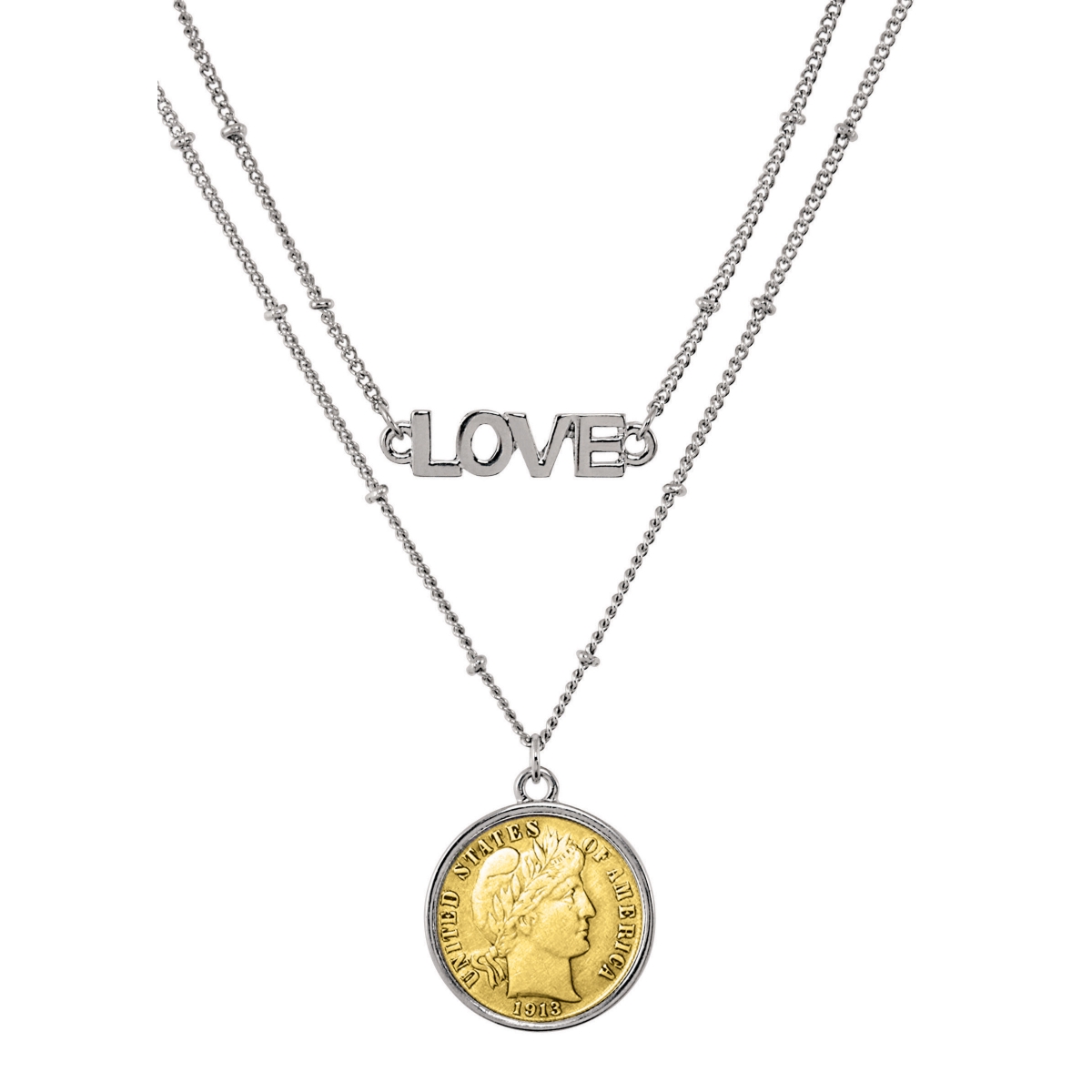 14869 Gold Layered Silver Barber Dime Coin Double Strand Love Necklace