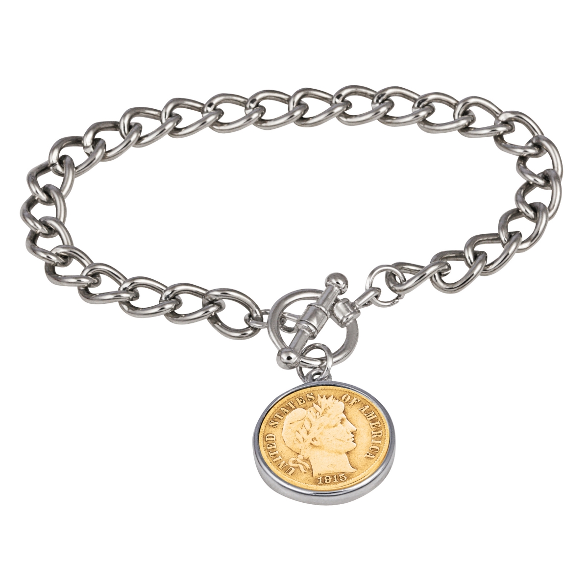 15316 7 In. 24kt Gold Plated Silver Barber Dime Silvertone Coin Toggle Bracelet