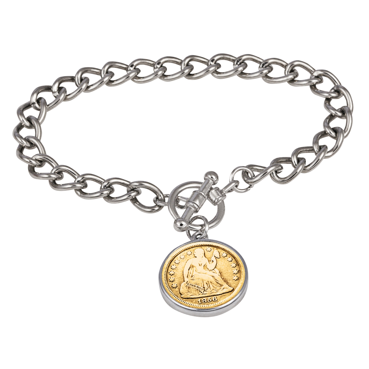 15317 7 In. 24kt Gold Plated Silver Seated Liberty Dime Silvertone Coin Toggle Bracelet