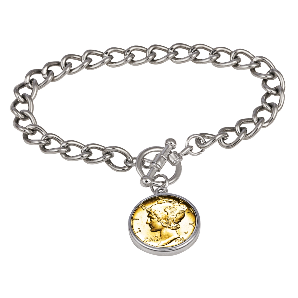 15318 7 In. 24kt Gold Plated Silver Mercury Dime Silvertone Coin Toggle Bracelet