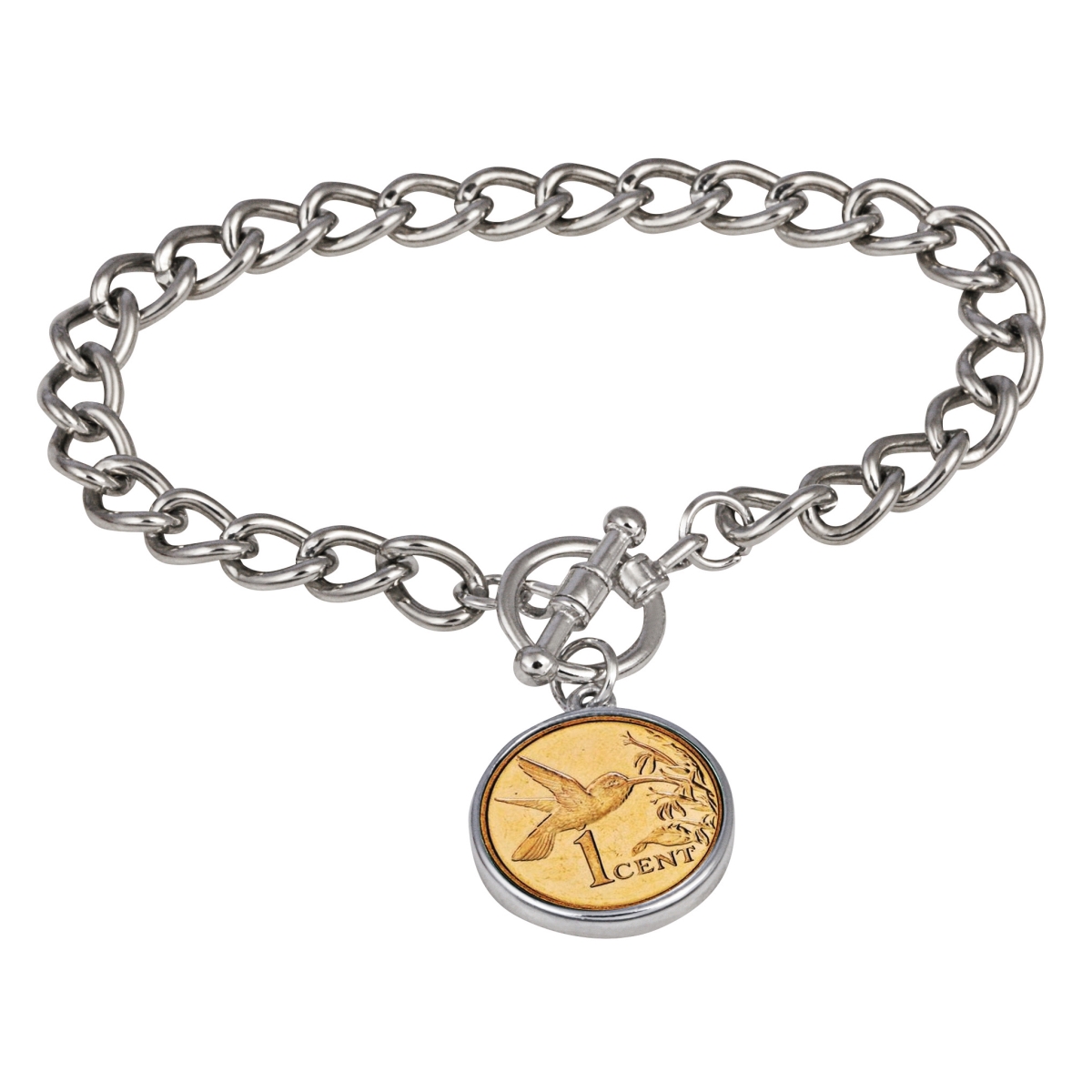 15319 7 In. 24kt Gold Plated Hummingbird Coin Silvertone Toggle Bracelet
