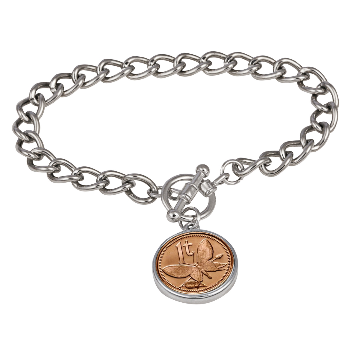 15320 7 In. Butterfly Coin Silvertone Toggle Bracelet
