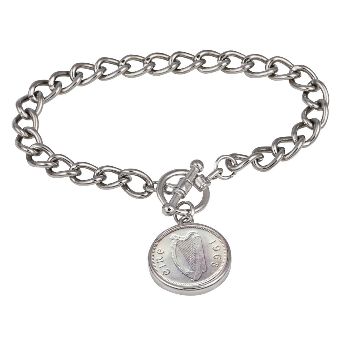 15321 7 In. Irish Threepence Coin Silvertone Toggle Bracelet