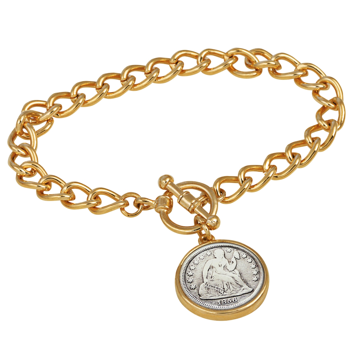 15323 7 In. Silver Seated Liberty Dime Goldtone Coin Toggle Bracelet