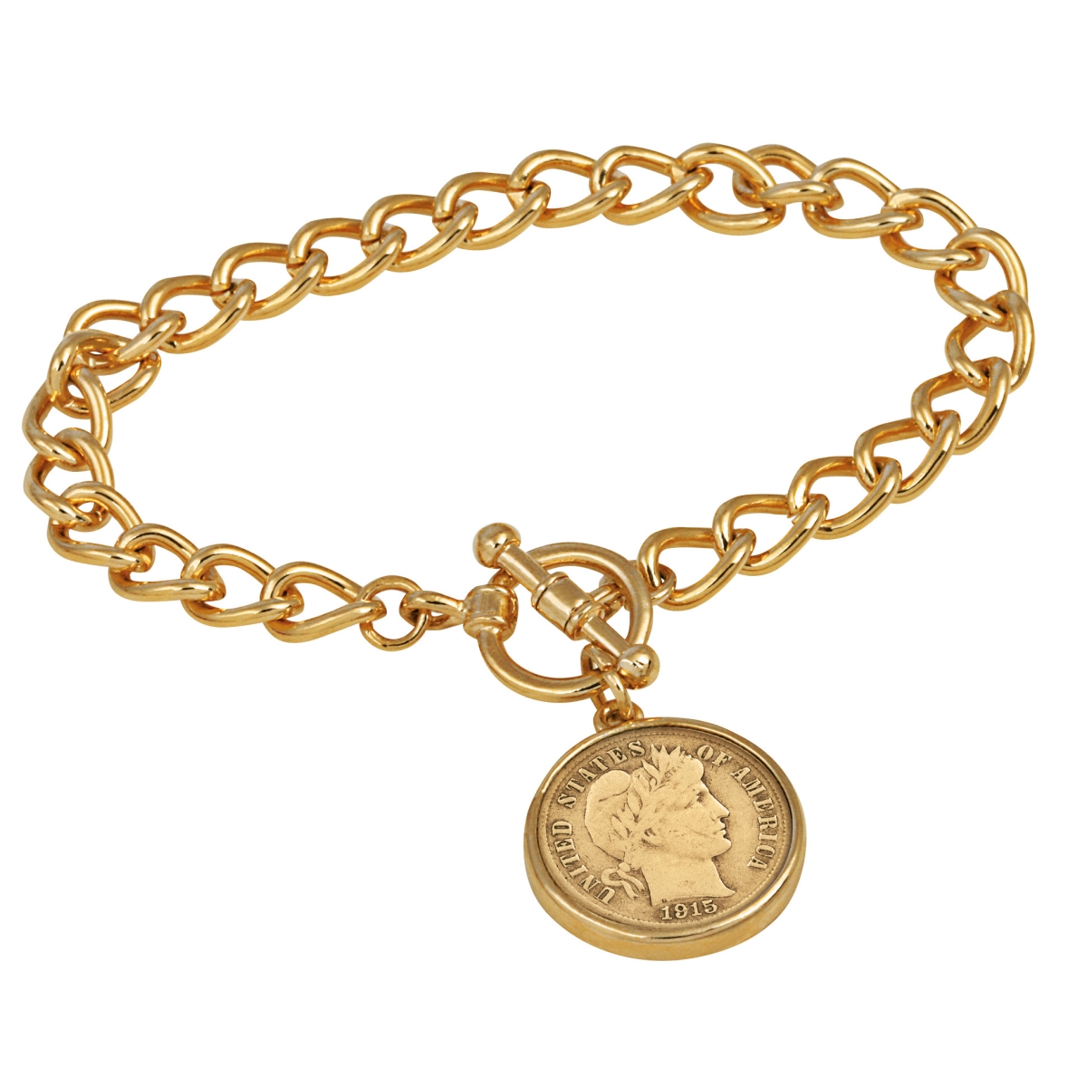 15325 7 In. 24kt Gold Plated Silver Barber Dime Goldtone Coin Toggle Bracelet