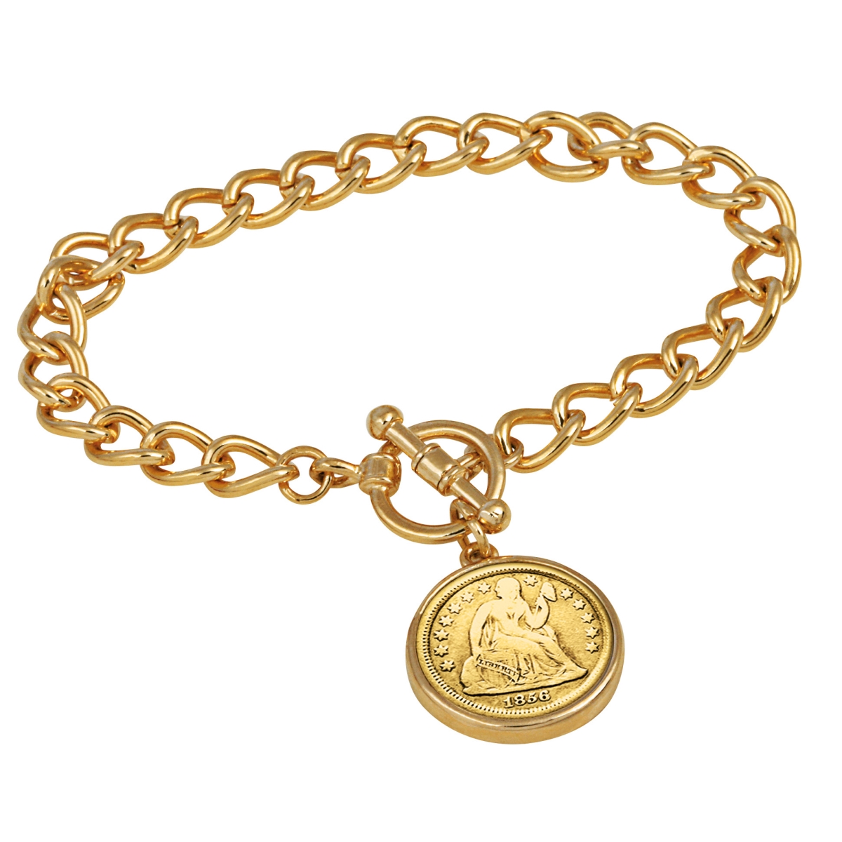 15326 7 In. 24kt Gold Plated Silver Seated Liberty Dime Goldtone Coin Toggle Bracelet