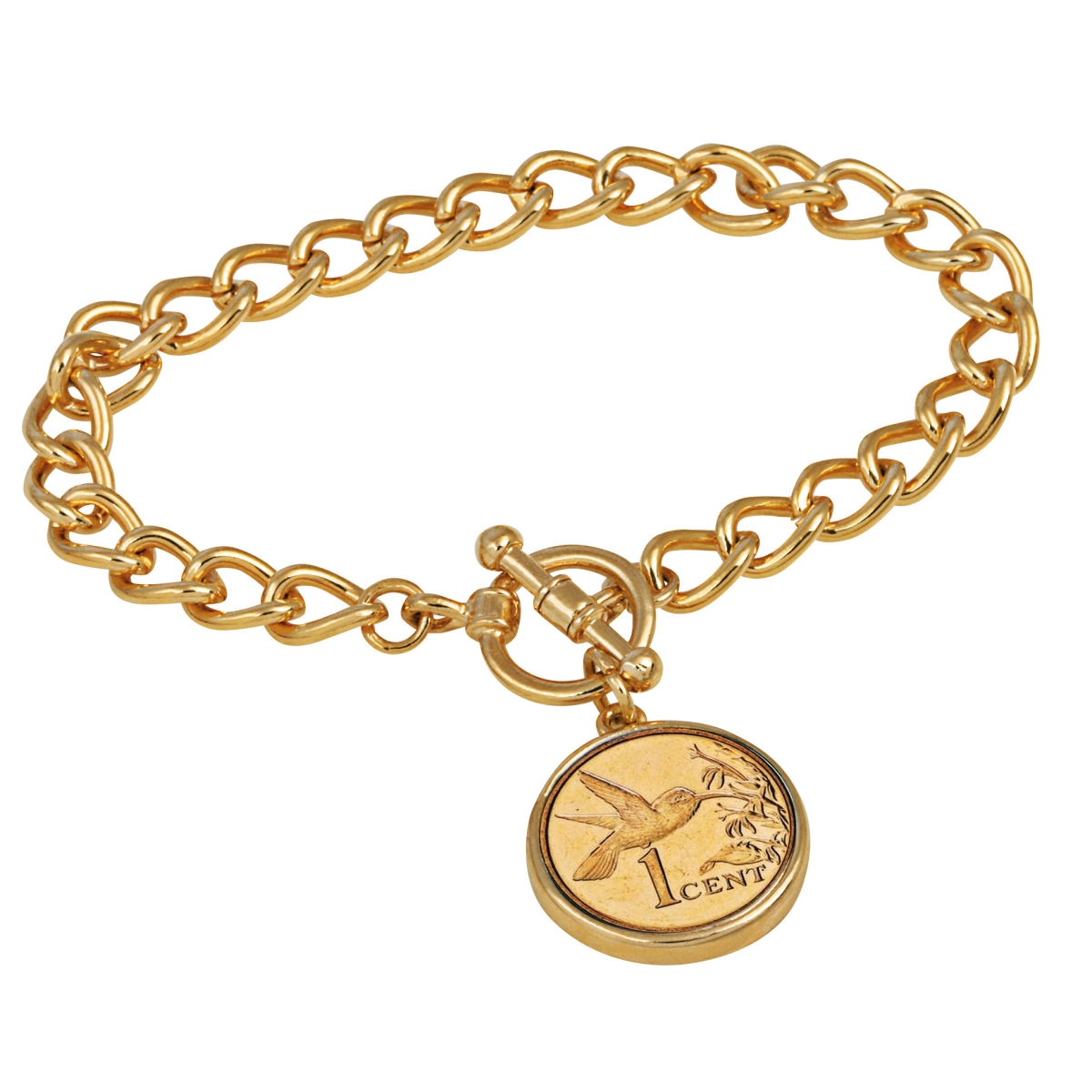 15328 7 In. 24kt Gold Plated Hummingbird Coin Goldtone Toggle Bracelet