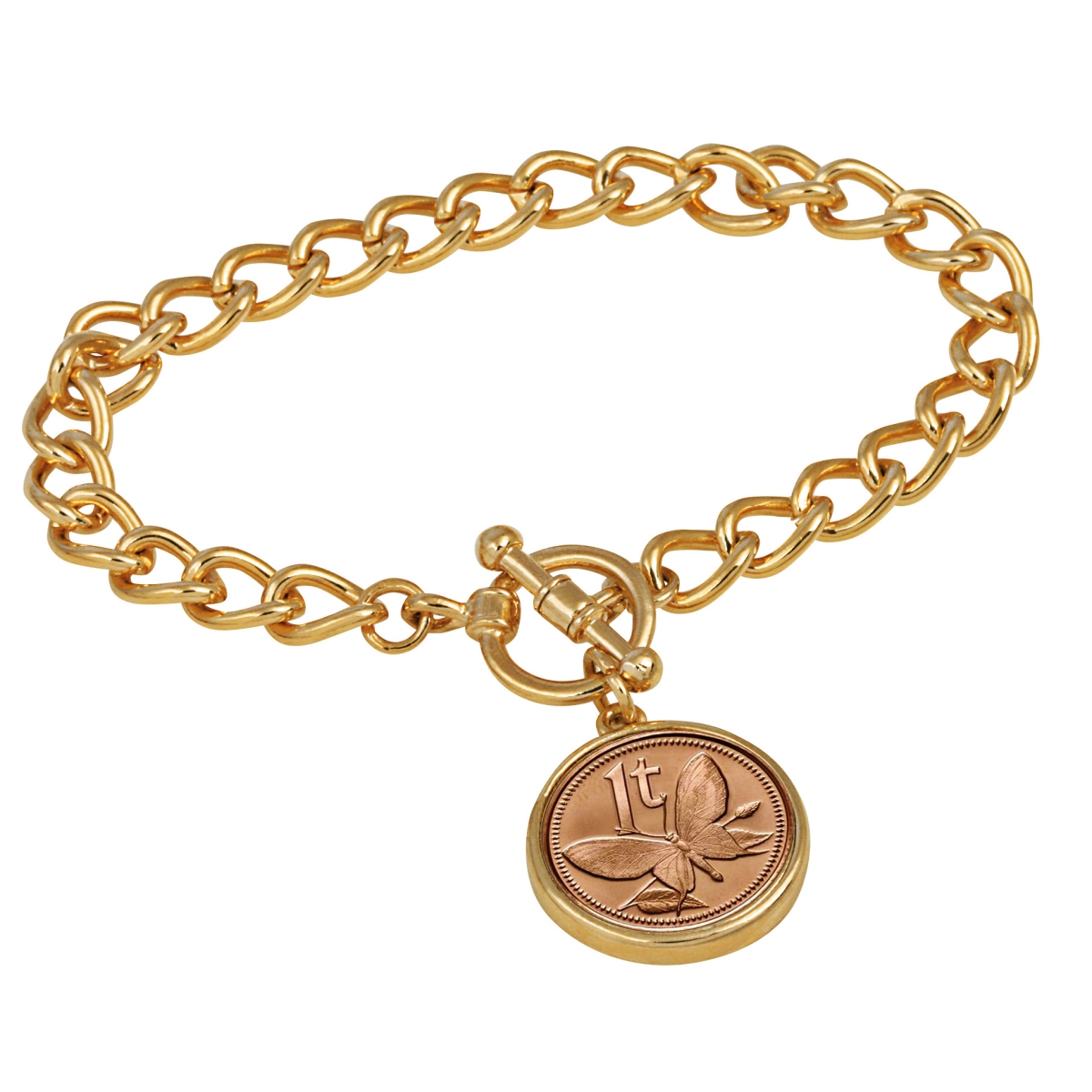 15329 7 In. Butterfly Coin Goldtone Toggle Bracelet