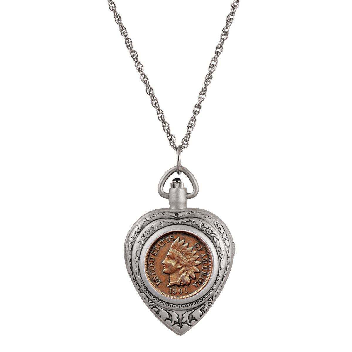 15331 Indian Head Penny Coin Heart Locket Pocket Watch Pendant