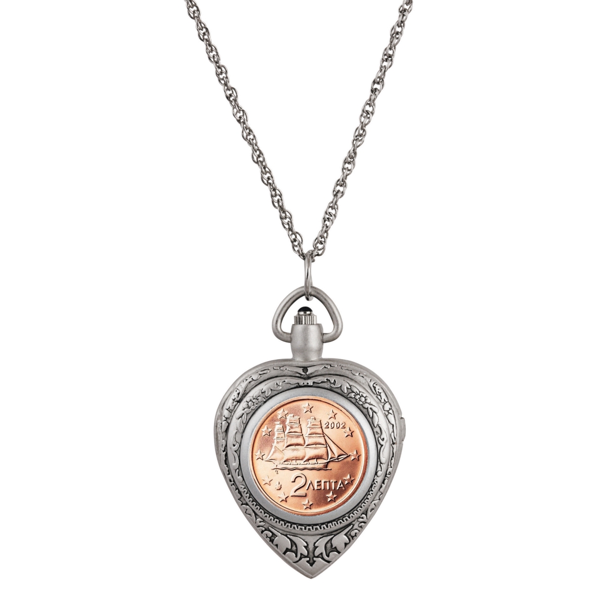 15335 Greek 2 Euro Coin Heart Locket Pocket Watch Pendant