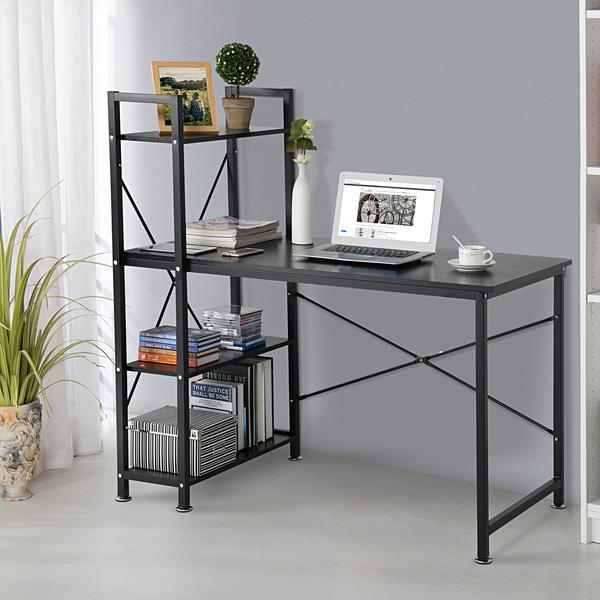 Sh73bk Modern Style Computer Desk With 4 Tier Attached Book Shelf, Black