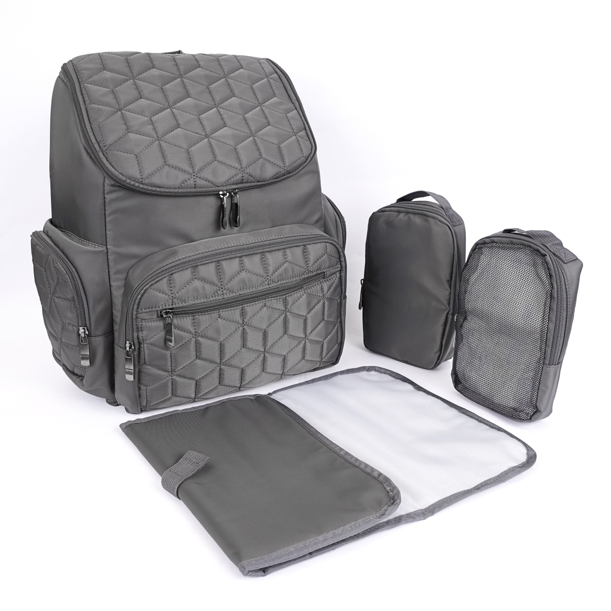 Dp1gy Textured Baby Diaper Bag, Waterproof With Changing Mat, Pockets & Insulated Pouch - Gray