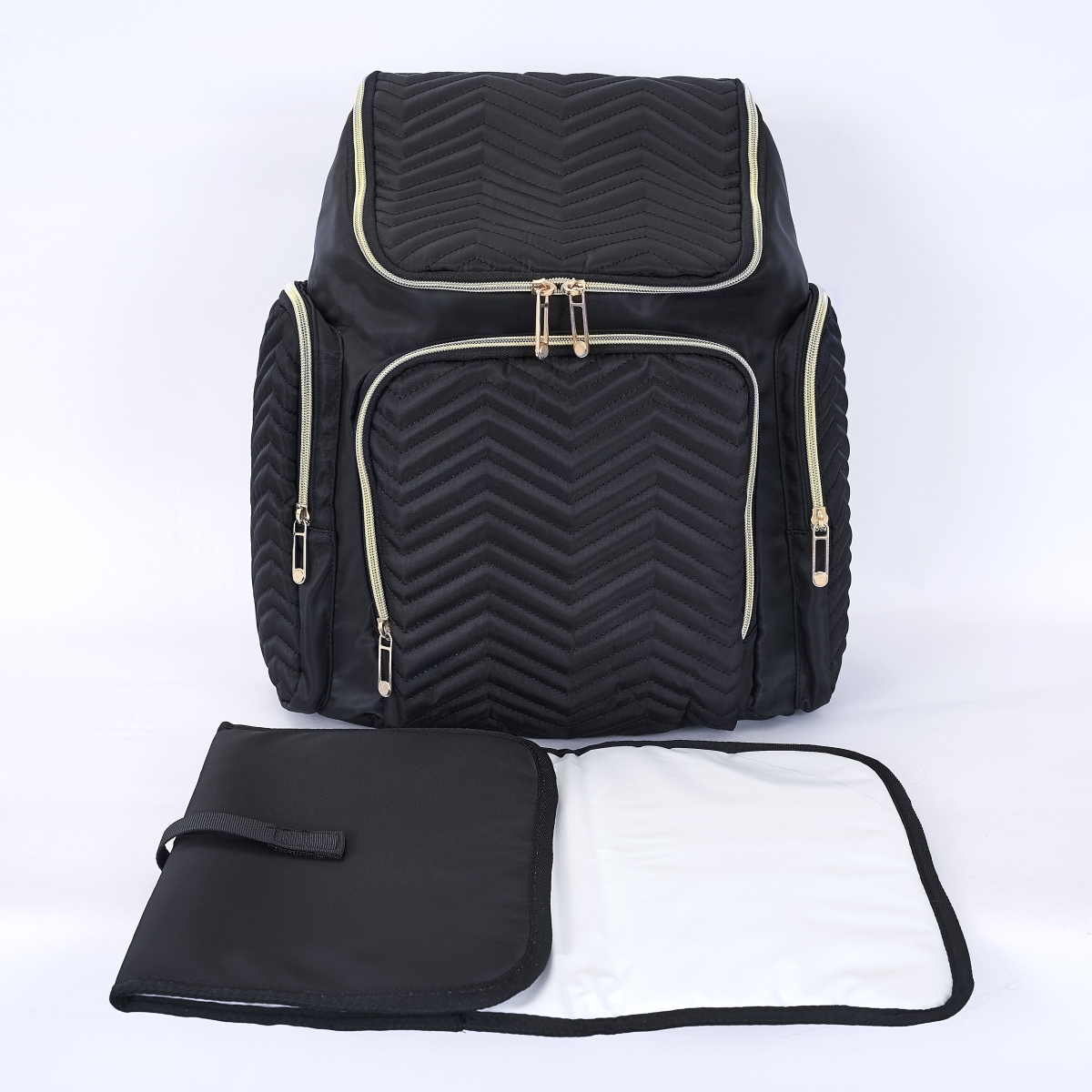 Dp2bk Textured Chevron Baby Diaper Bag, Waterproof With Changing Mat, Pockets & Stroller Straps - Black
