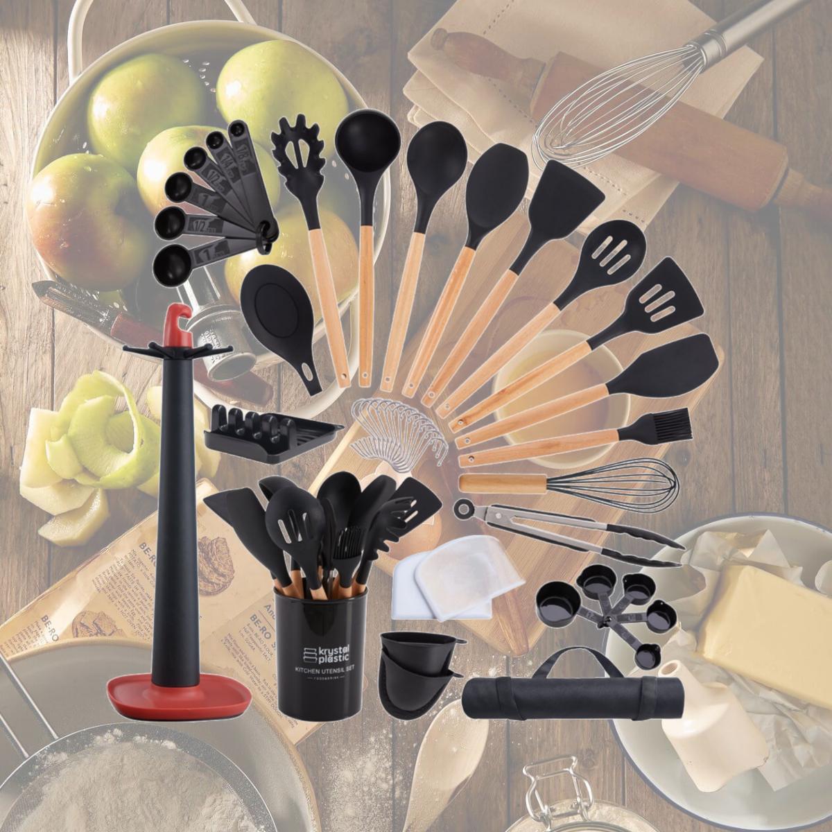 Picture of Utopia Alley KF05BK 40 Piece Cooking Utensils Set with Natural Wooden Handle - Black