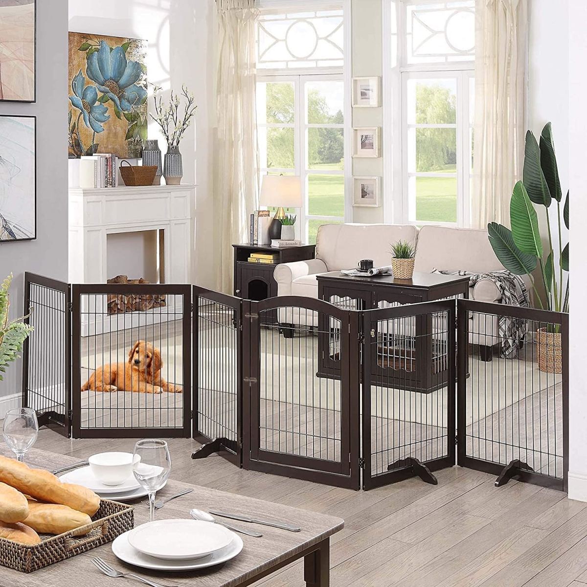 Picture of UniPaws UH5053 6 Panels Pet Gate with Play Pen -  Espresso