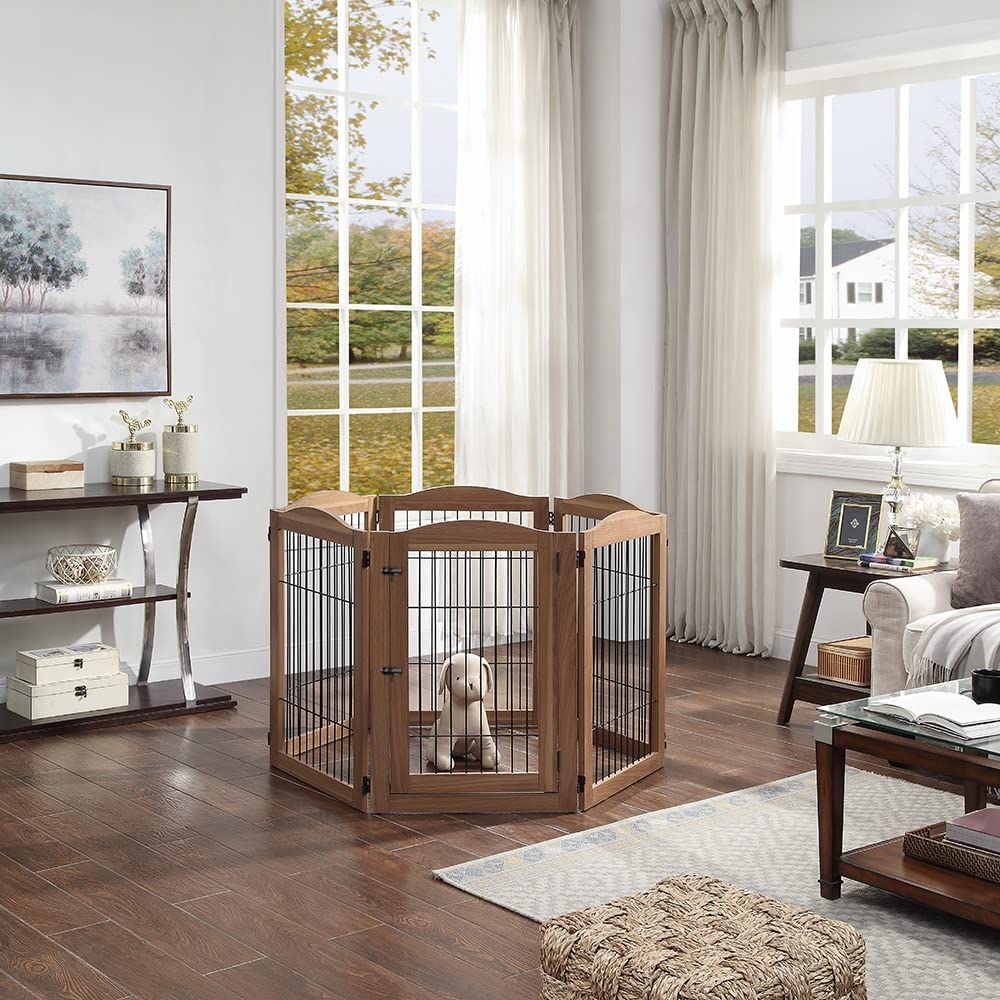 Picture of UniPaws UH5112 6 Panels Pet Gate with Play Pen -  Walnut