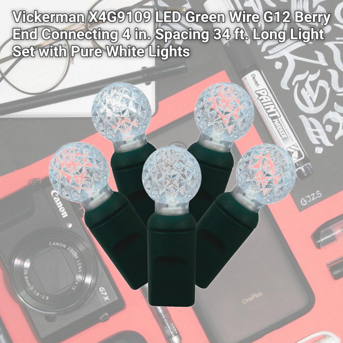 Picture of Vickerman X4G9109 LED Green Wire G12 Berry End Connecting 4 in. Spacing 34 ft. Long Light Set with Pure White Lights