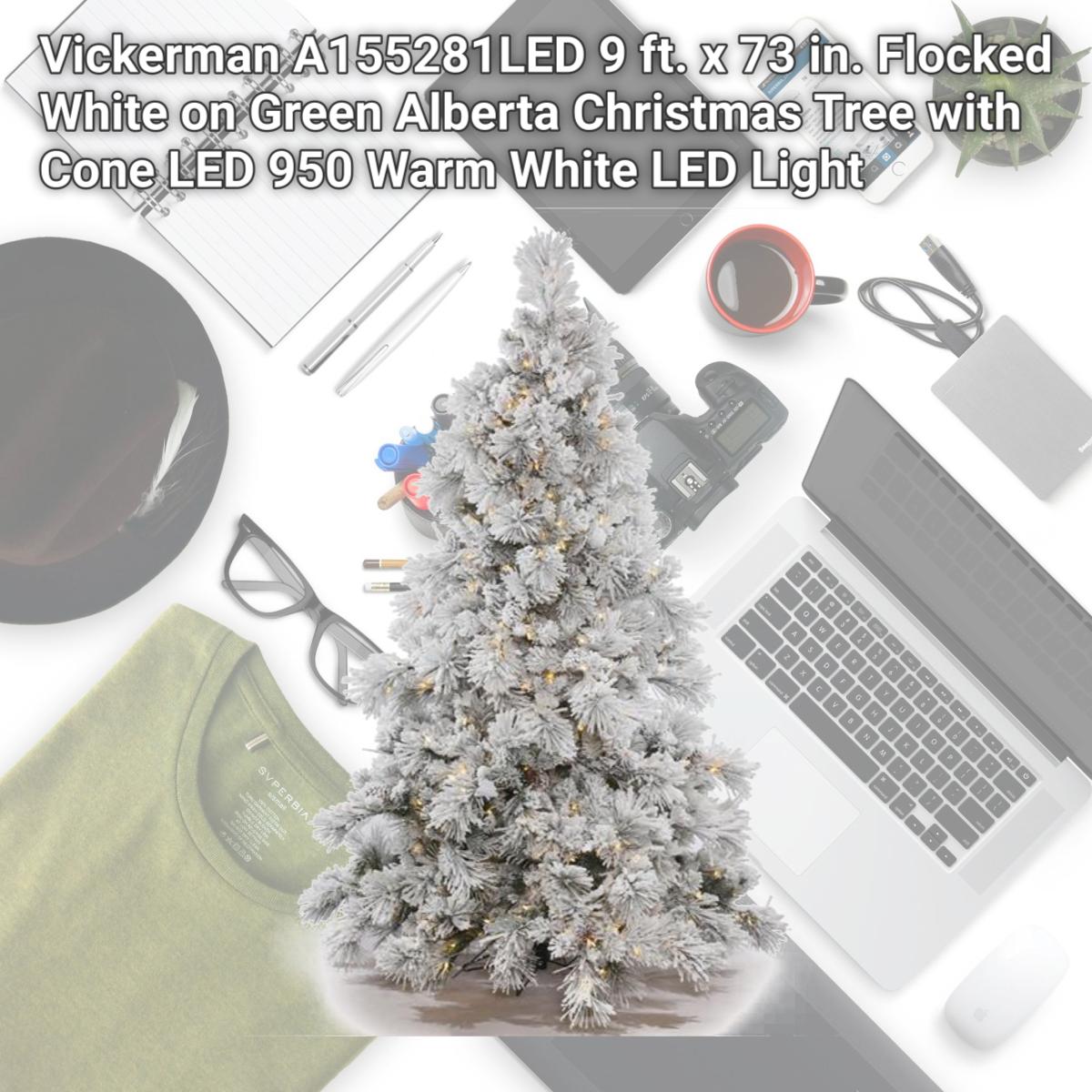 Picture of Vickerman A155281LED 9 ft. x 73 in. Flocked White on Green Alberta Christmas Tree with Cone LED 950 Warm White LED Light