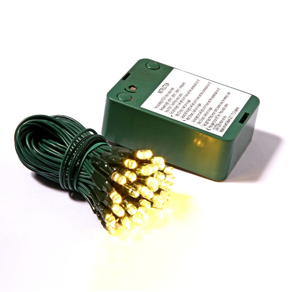 35lt Battery Operated Warm White & Green Wire Led Outdoor Timer Set