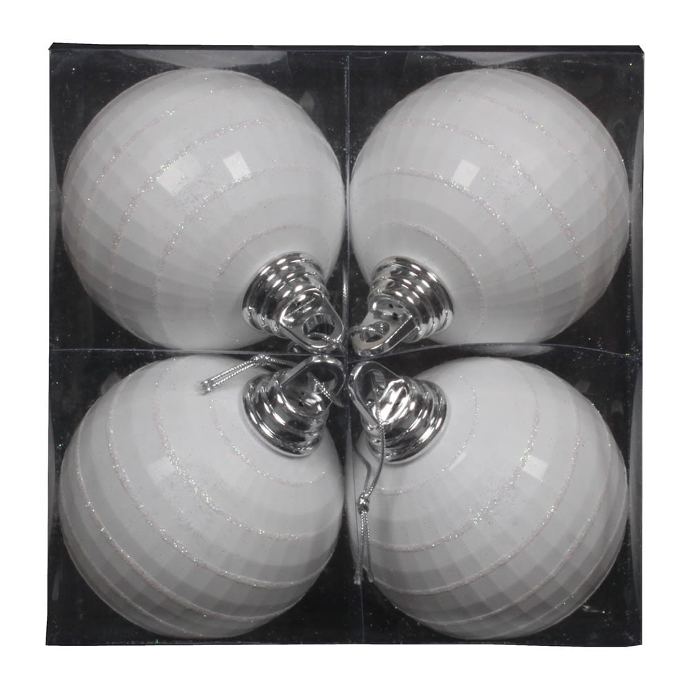 M151411 4 In. White Plastic Shiny & Matte Mirror Ball Ornament With Matching Glitter 4 Per Box