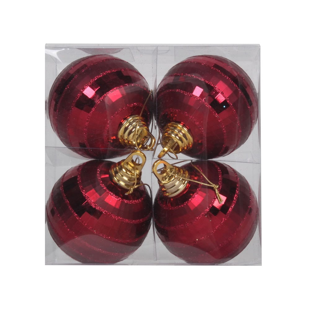 M151465 4 In. Burgundy Plastic Shiny & Matte Mirror Ball Ornament With Matching Glitter 4 Per Box