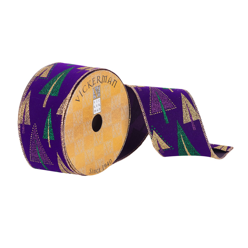 Q180431 2.5 In. X 10 Yards Purple Ribbon With Gold&#44; Green&#44; & Purple Glitter Trees