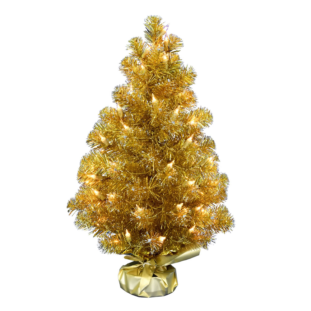 G190825 2 Ft. X 16 In. Gold Tinsel Tree With Dura-lit 50 Clear Light Plastic Base