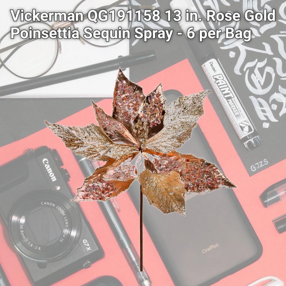 Picture of Vickerman QG191158 13 in. Rose Gold Poinsettia Sequin Spray - 6 per Bag