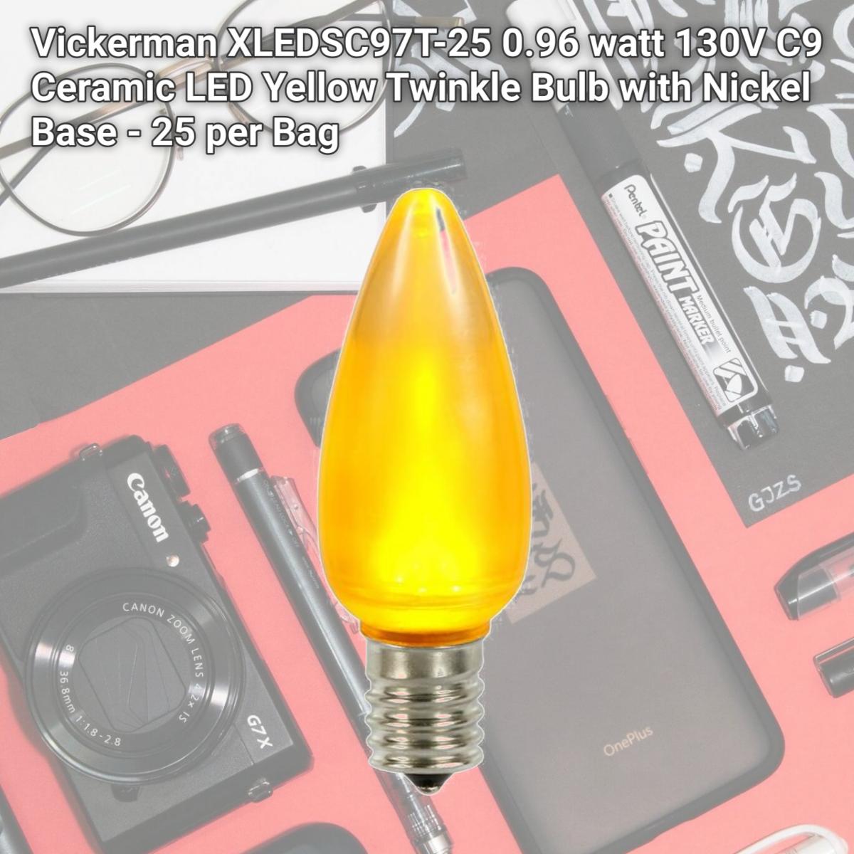 Picture of Vickerman XLEDSC97T-25 0.96 watt 130V C9 Ceramic LED Yellow Twinkle Bulb with Nickel Base - 25 per Bag