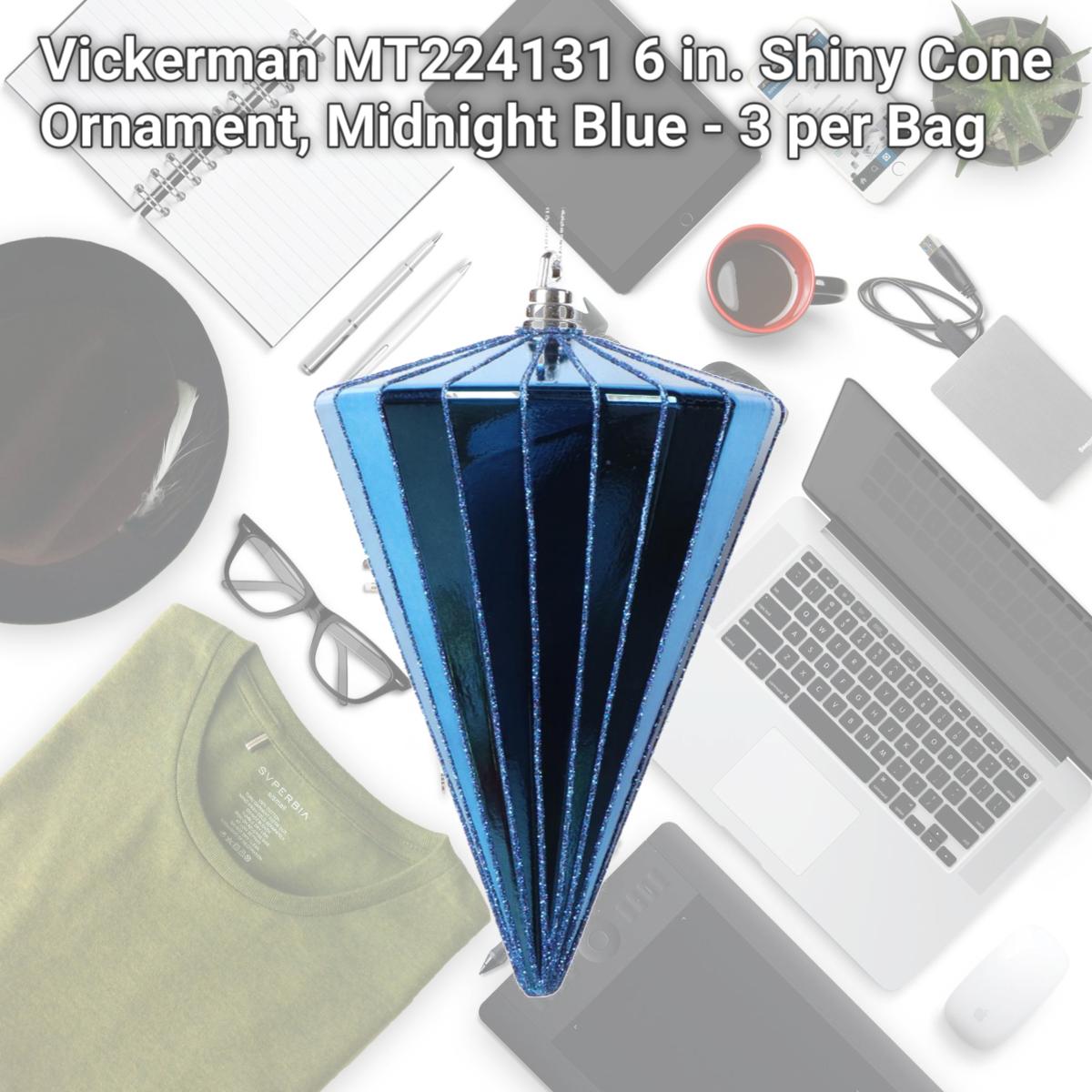Picture of Vickerman MT224131 6 in. Shiny Cone Ornament, Midnight Blue - 3 per Bag