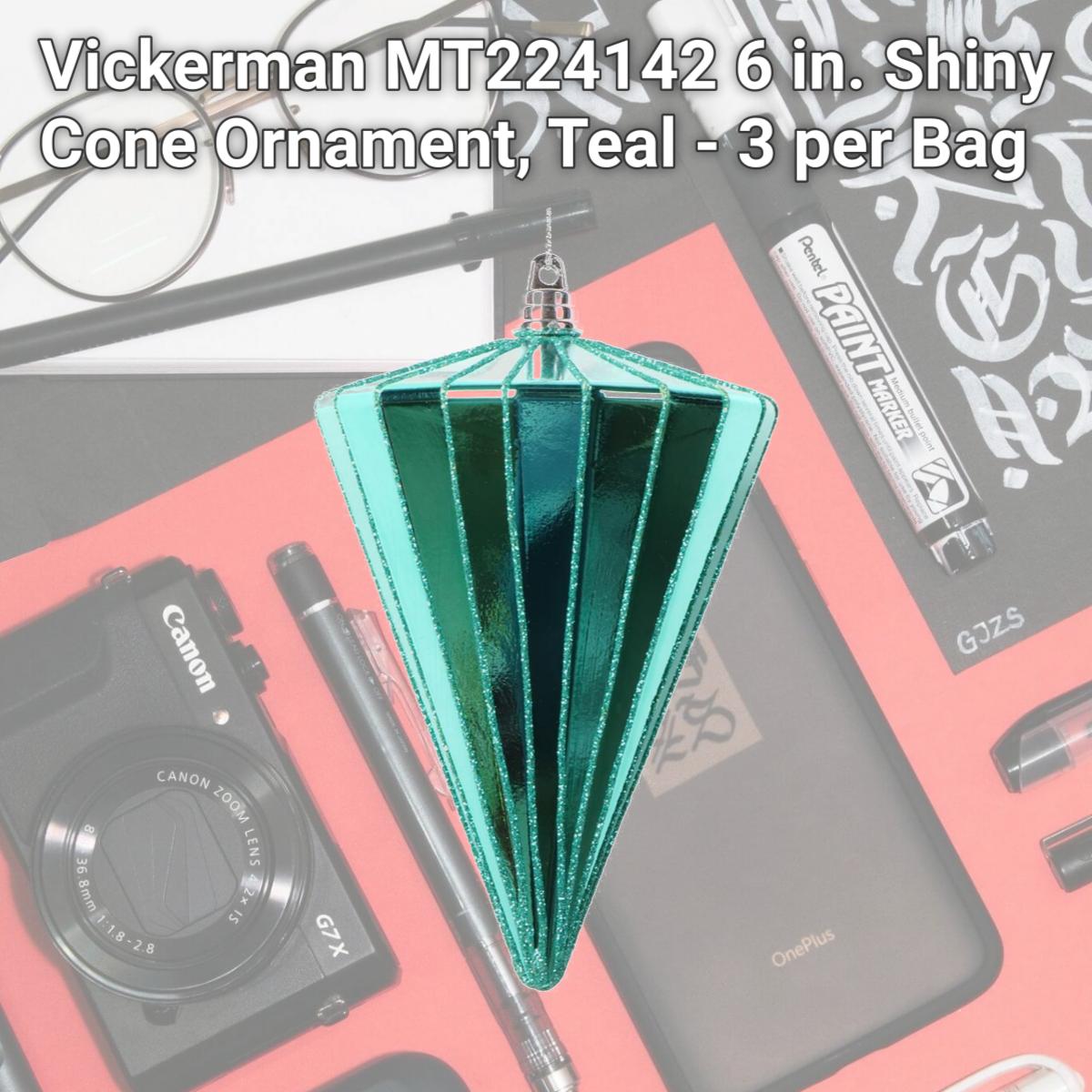 Picture of Vickerman MT224142 6 in. Shiny Cone Ornament, Teal - 3 per Bag