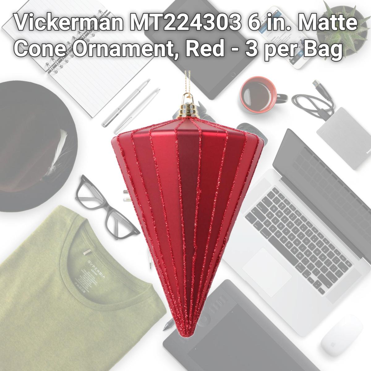 Picture of Vickerman MT224303 6 in. Matte Cone Ornament, Red - 3 per Bag