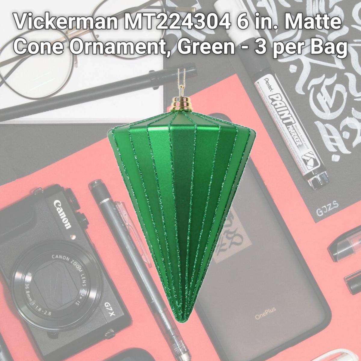 Picture of Vickerman MT224304 6 in. Matte Cone Ornament, Green - 3 per Bag