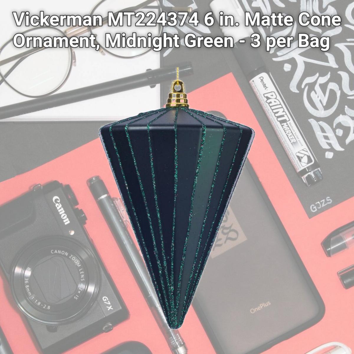 Picture of Vickerman MT224374 6 in. Matte Cone Ornament, Midnight Green - 3 per Bag