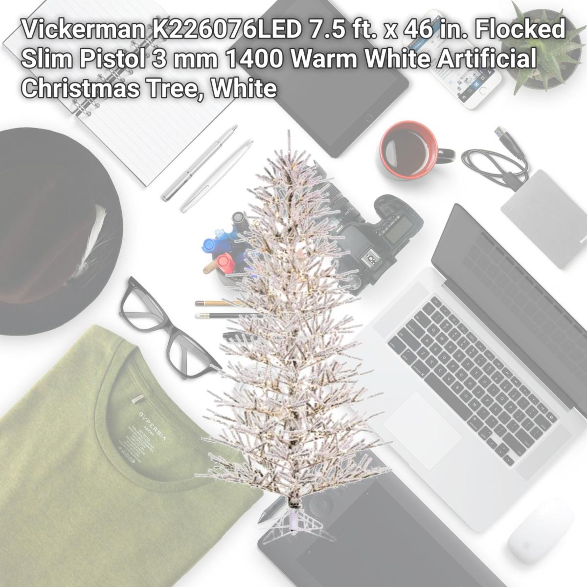 Picture of Vickerman K226076LED 7.5 ft. x 46 in. Flocked Slim Pistol 3 mm 1400 Warm White Artificial Christmas Tree, White