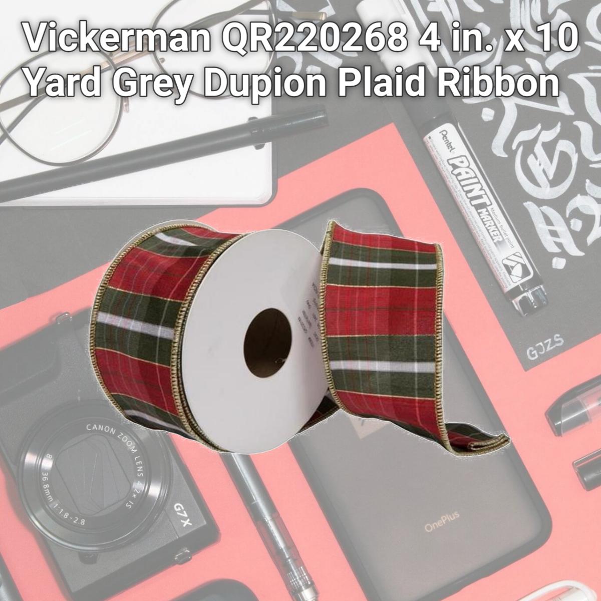 Picture of Vickerman QR220268 4 in. x 10 Yard Grey Dupion Plaid Ribbon