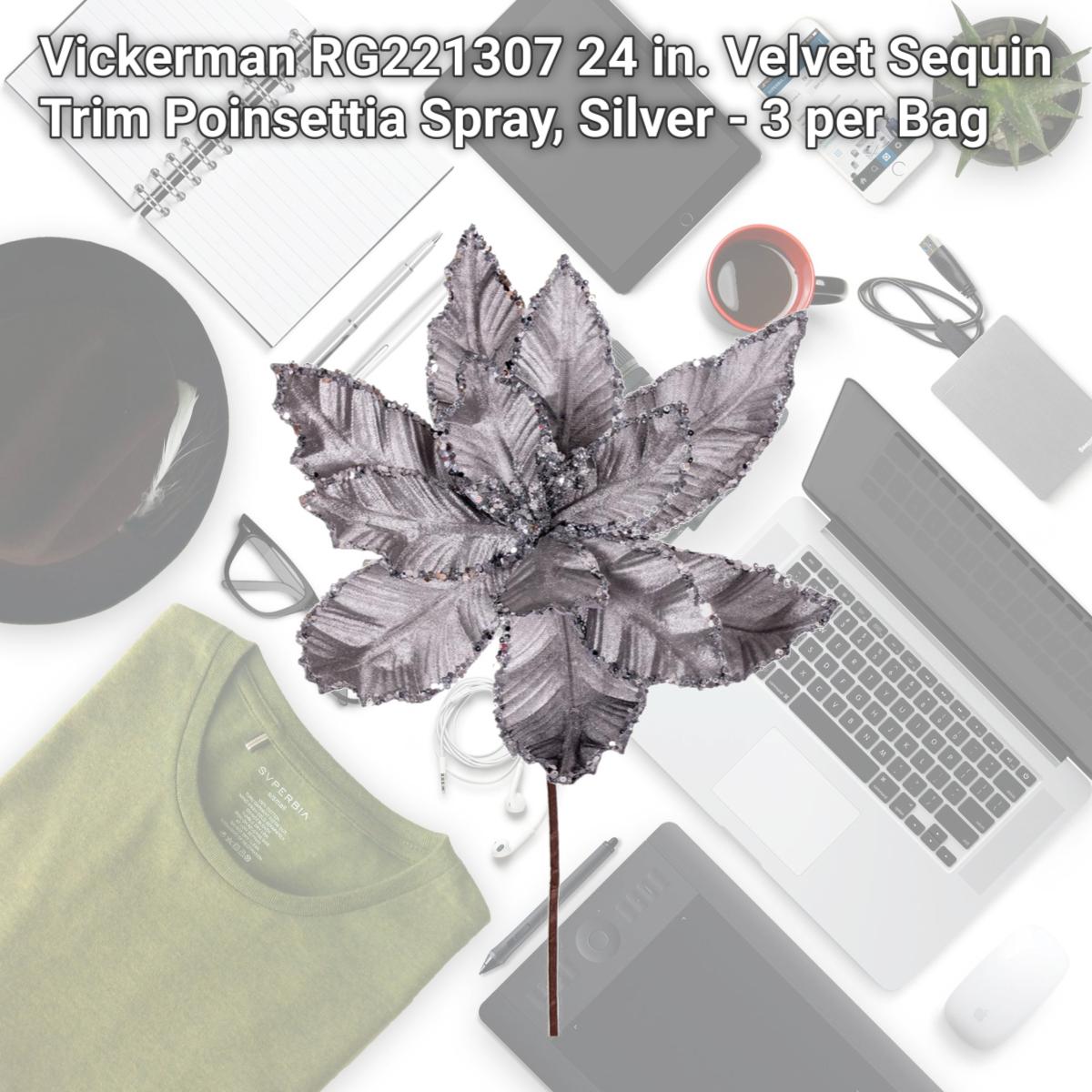 Picture of Vickerman RG221307 24 in. Velvet Sequin Trim Poinsettia Spray, Silver - 3 per Bag