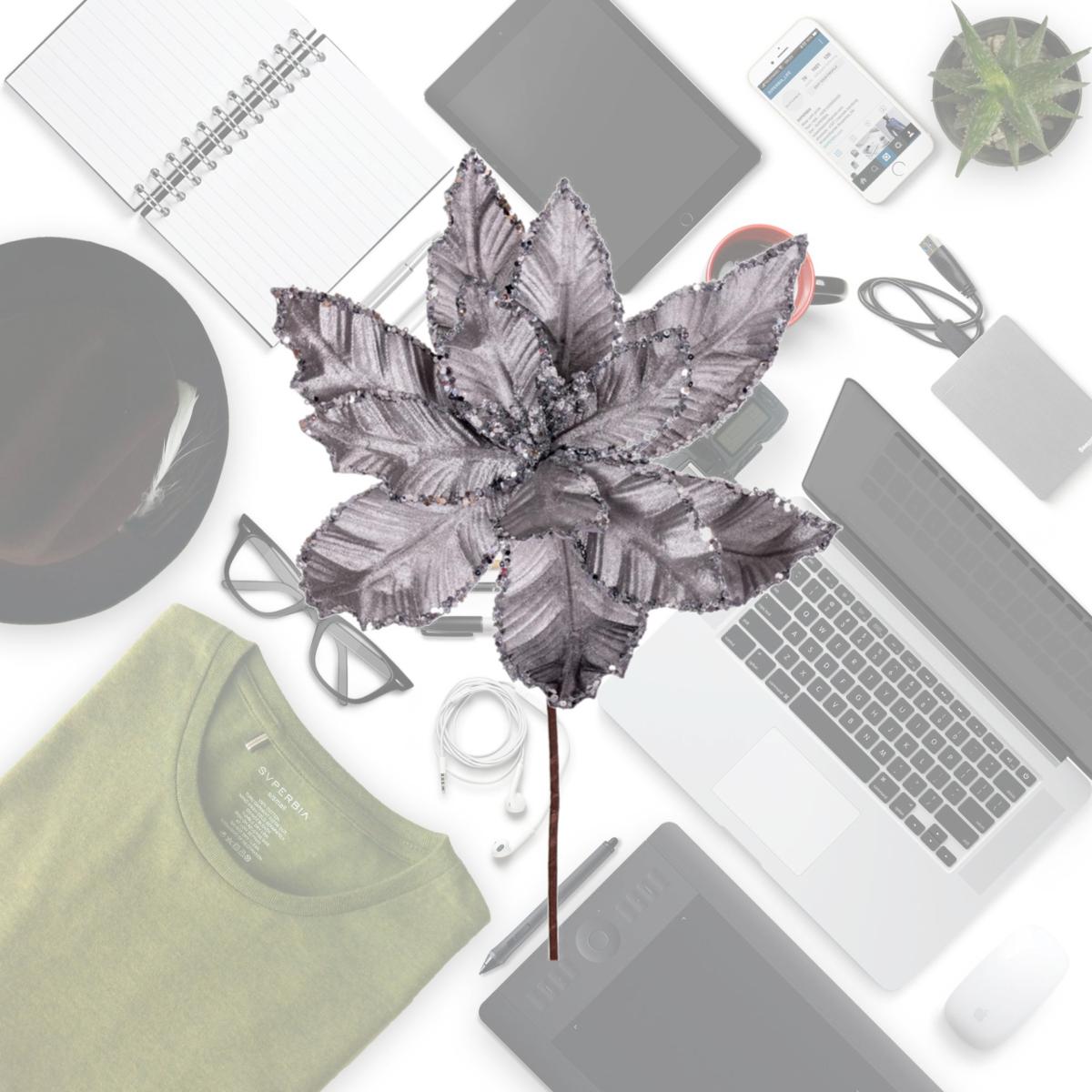 Picture of Vickerman RG221307 24 in. Velvet Sequin Trim Poinsettia Spray, Silver - 3 per Bag
