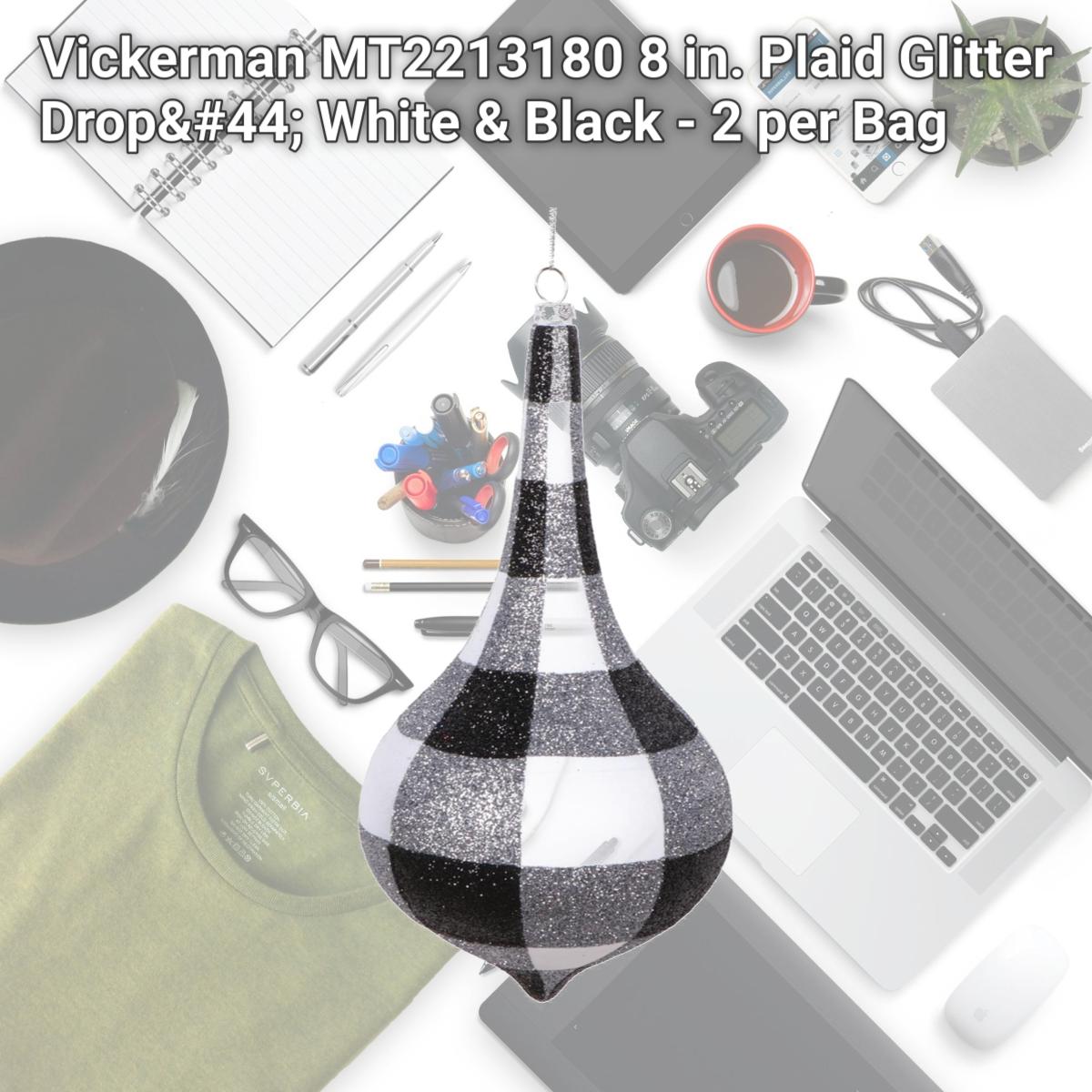 Picture of Vickerman MT2213180 8 in. Plaid Glitter Drop&#44; White & Black - 2 per Bag