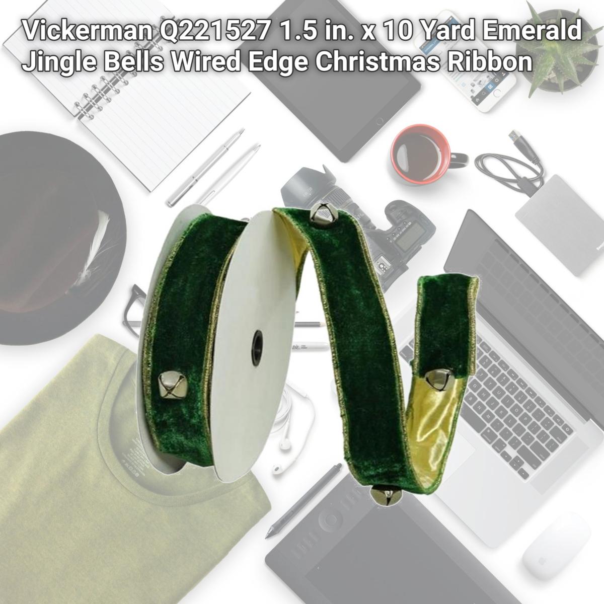 Picture of Vickerman Q221527 1.5 in. x 10 Yard Emerald Jingle Bells Wired Edge Christmas Ribbon