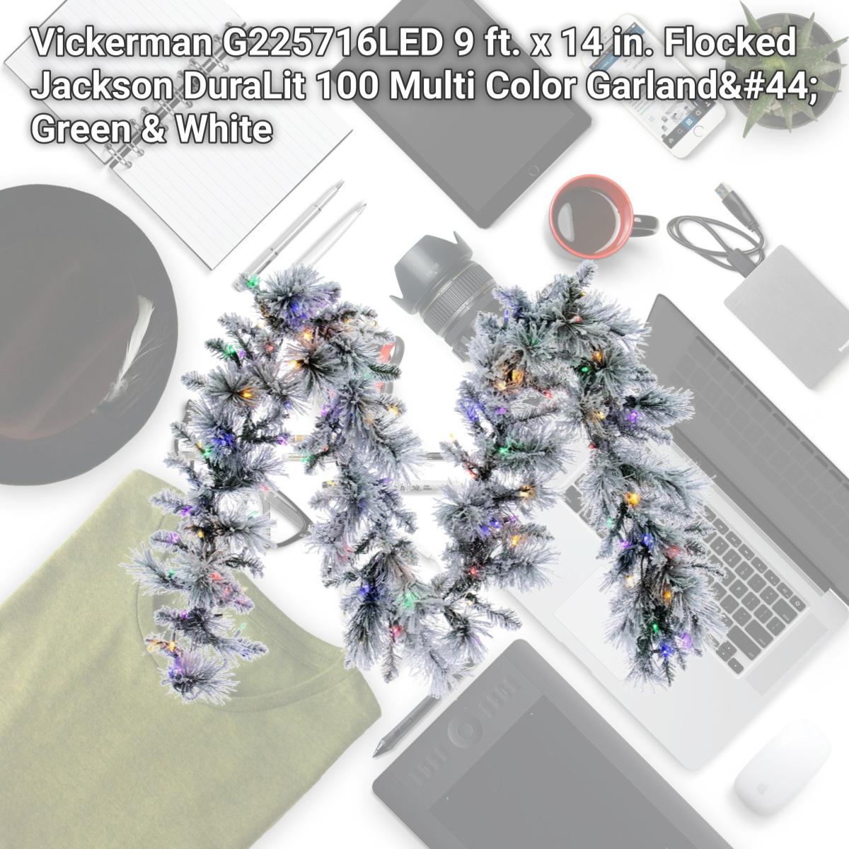 Picture of Vickerman G225716LED 9 ft. x 14 in. Flocked Jackson DuraLit 100 Multi Color Garland&#44; Green & White
