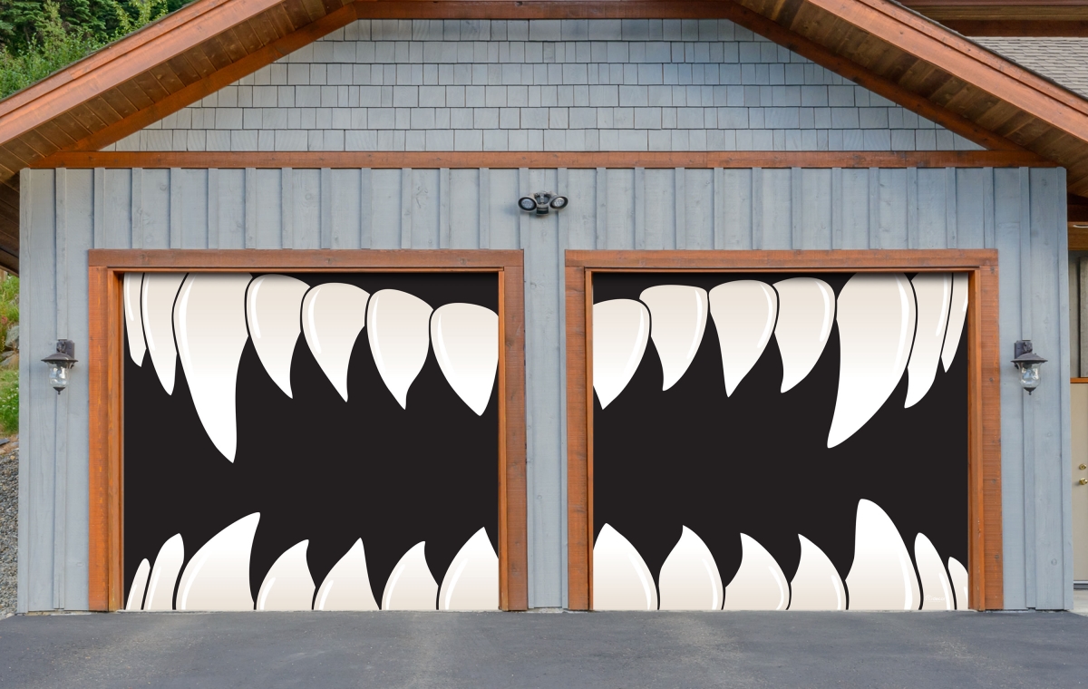 285901hall-015 7 X 8 Ft. Halloween Scary Teeth Halloween Door Mural Sign Split Car Garage Banner Decor, Multi Color