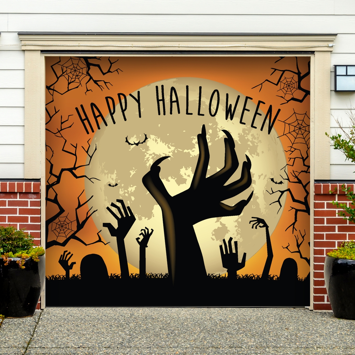285903hall-008 7 X 8 Ft. Happy Halloween Graveyard Zombie Hands Halloween Door Mural Sign Car Garage Banner Decor, Multi Color
