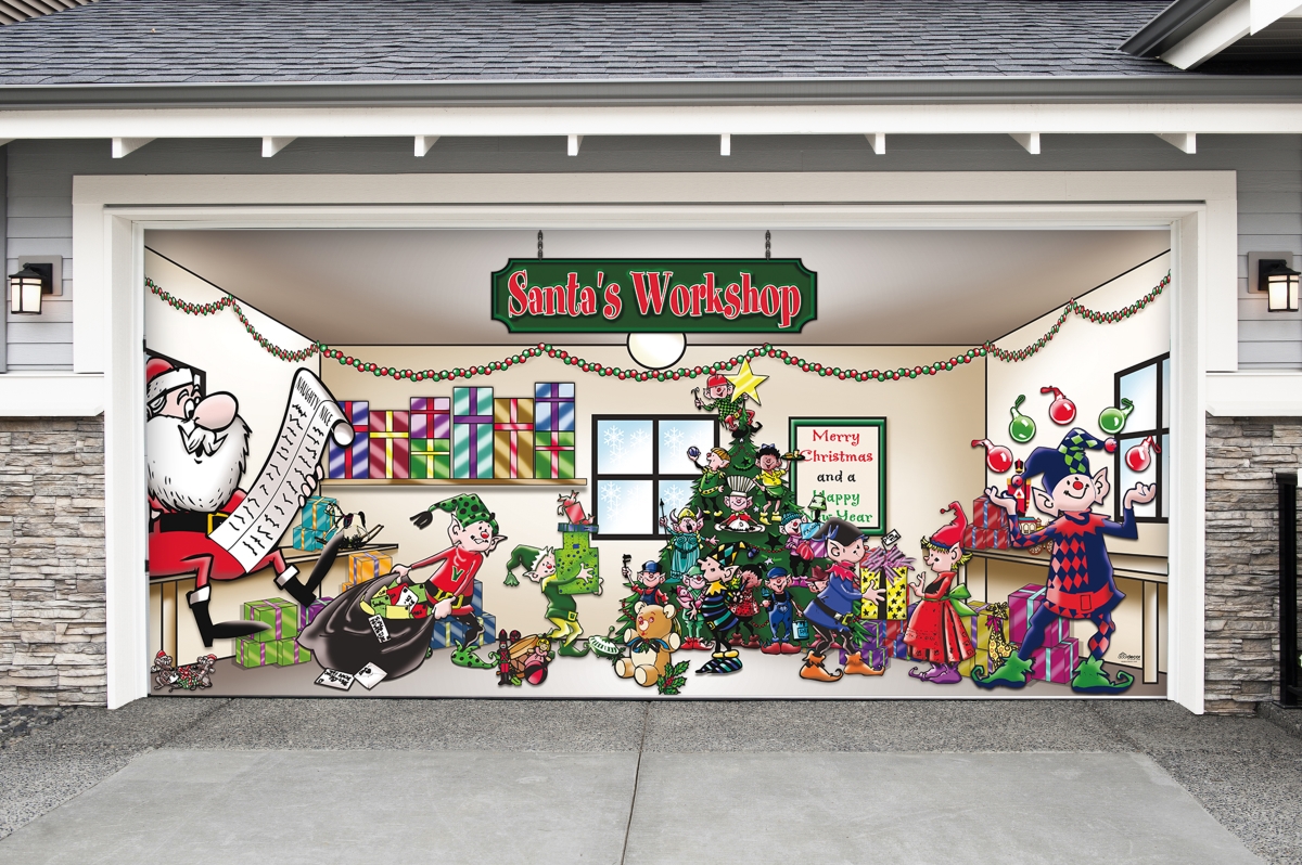 285905xmas-006 7 X16 Ft. Santas Workshop Outdoor Christmas Holiday Door Banner Decor, Multi Color