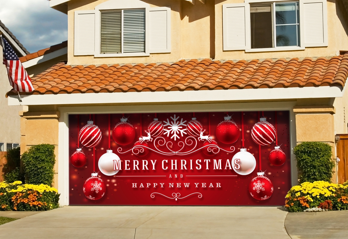 285905xmas-007 7 X16 Ft. Red Ornaments In Snow Outdoor Christmas Holiday Door Banner Decor, Multi Color