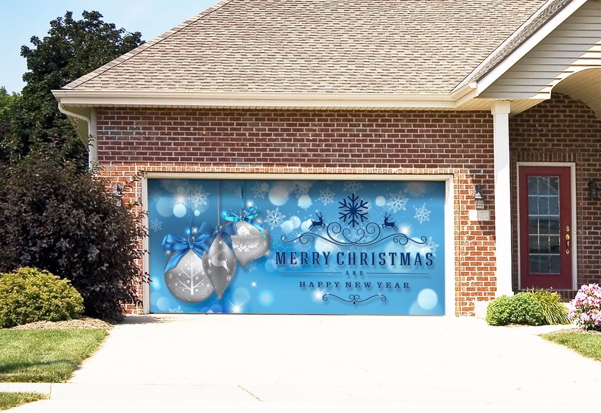 285905xmas-009 7 X16 Ft. Christmas Silver Ornaments On Blue Holiday Door Banner Decor, Multi Color