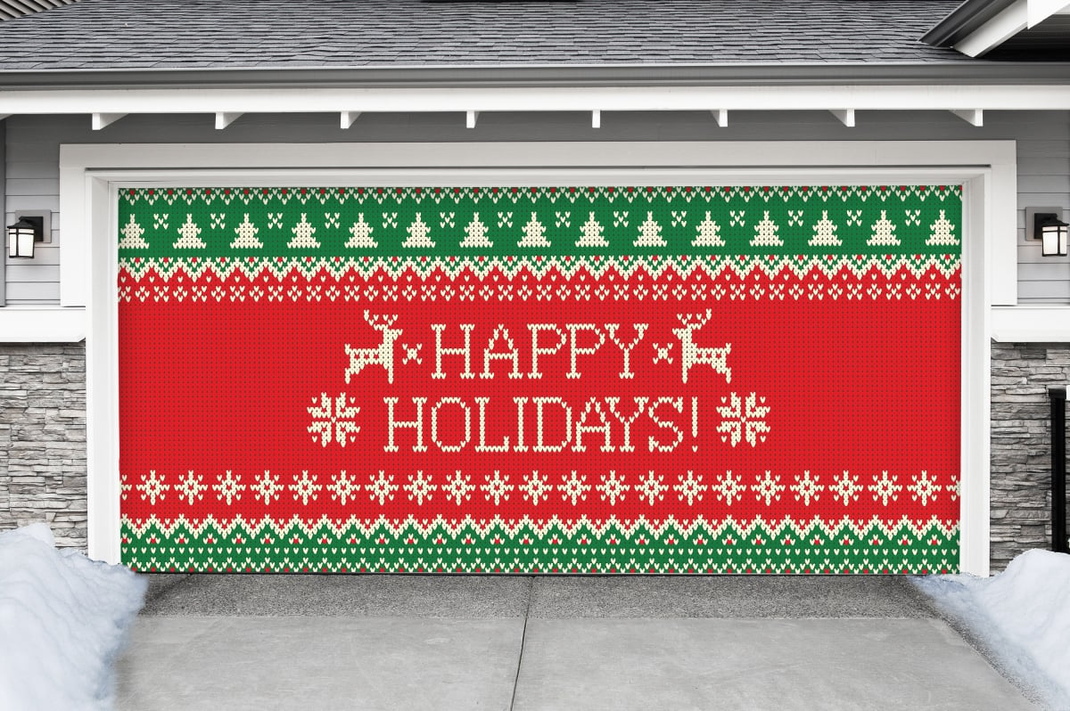 285905xmas-018 7 X 16 Ft. Ugly Christmas Sweater Happy Holidays Christmas Door Mural Sign Car Garage Banner Decor, Multi Color
