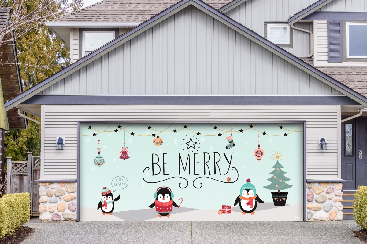 285905xmas-024 7 X 16 Ft. Merry Penguins Christmas Door Mural Sign Car Garage Banner Decor, Multi Color