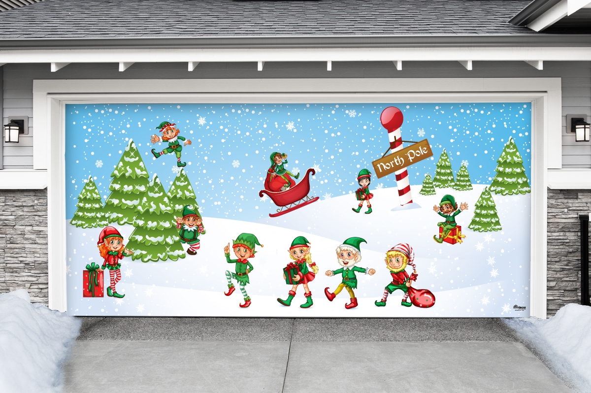 285905xmas-026 7 X 16 Ft. North Pole Elves Christmas Door Mural Sign Car Garage Banner Decor, Multi Color